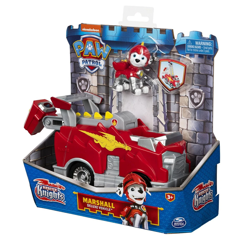 PAW Patrol, Rescue Knights Marshall, Véhicule transformable avec figurine articulée à collectionner, jouets pour les enfants à partir de 3 ans