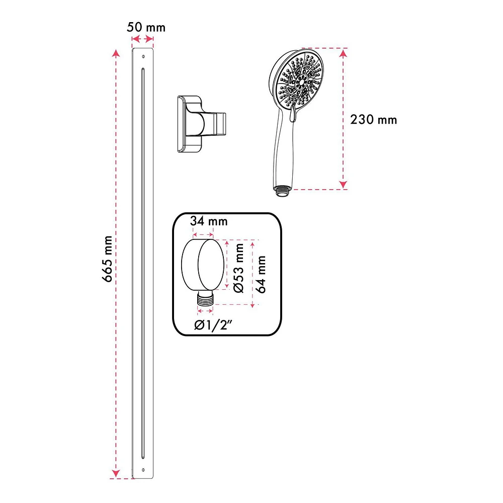 The akuaplus® - pressure balance valve faucet 1/2 in. PEX with adjustable post,  magnetic hand shower holder and a 10 settings hand shower and spout