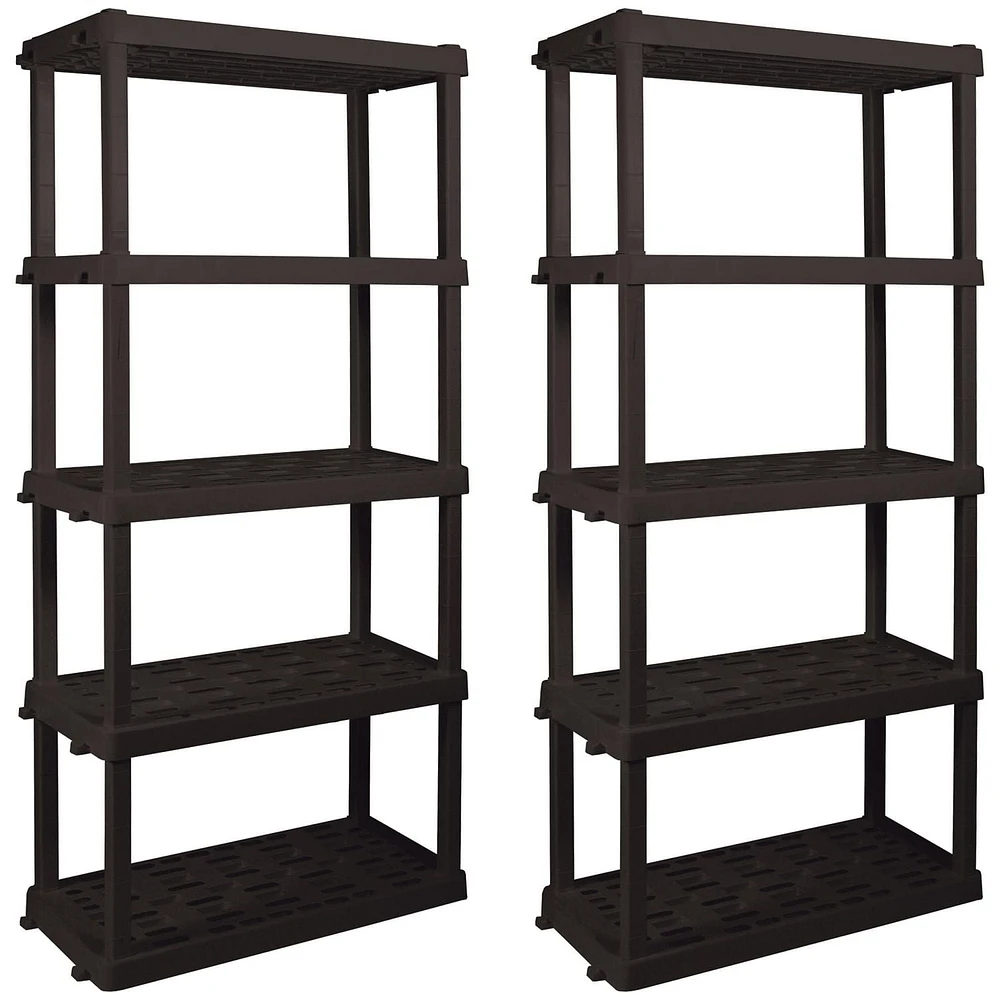 Hyper Tough 74"H x 18"D x 36"W 5 Shelf Plastic Garage Shelves, Pack of 2 Storage Shelving Unit, Black-750 Lbs Capacity