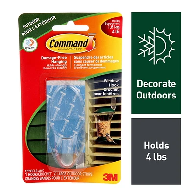 Command® Outdoor Clear Window Hook 17093CLR-AWC, Large, 4 lb (1.8 kg), 1 Hook, 2 Clear All Weather Strips, Command® Hook 17093CLR-AWC