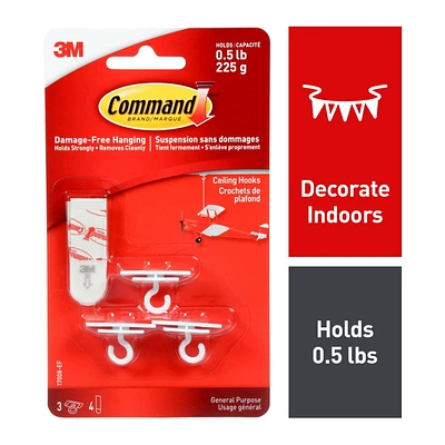 Command™ Ceiling Hooks 17008-EF, Small, 3 Hooks, 4 Strips, 0.5 lb