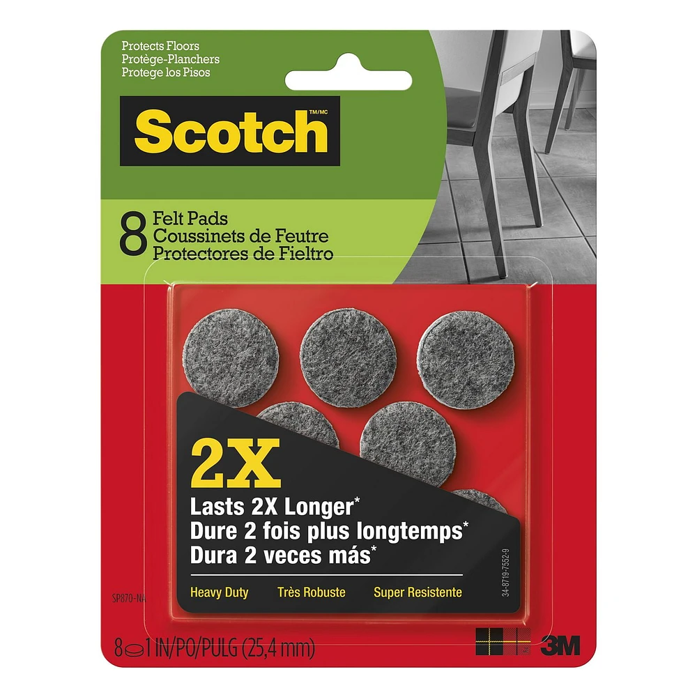 Scotch®  Heavy Duty Felt Pads, SP870-NA, grey, 1 in (2.54 cm), 8 per pack