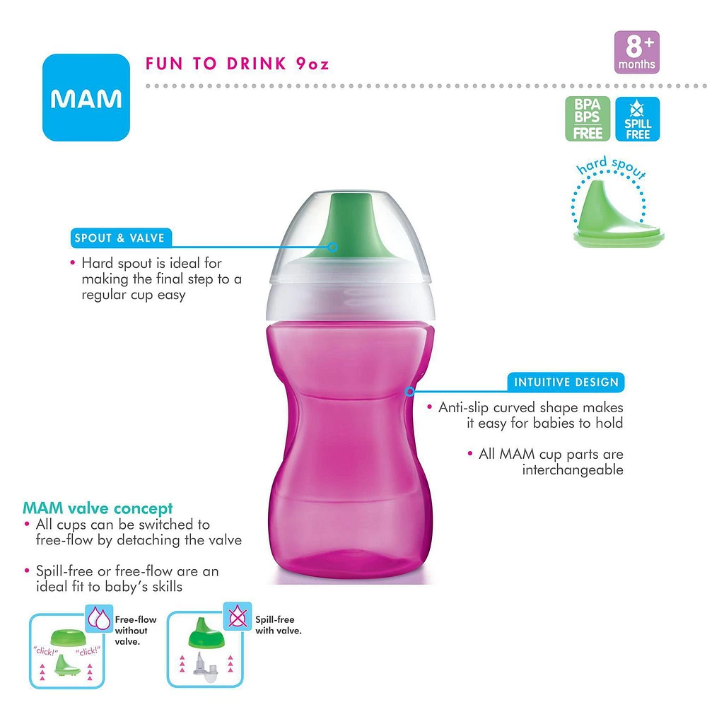 MAM Sippy Cups for Toddlers Spill Proof, Fun to Drink Cup, Girl, 9 Ounces, 1-Count