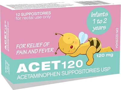 ACET 120mg – Acetaminophen Suppositories USP, 12 Suppositories.  For rectal use only.