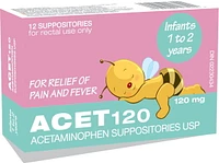 ACET 120mg – Acetaminophen Suppositories USP, 12 Suppositories.  For rectal use only.