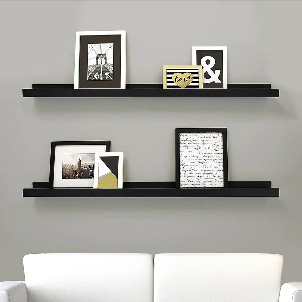 Kiera Grace Set of Two Edge Simple & Classic Decorative Engineered Wood Floating Wall-Mounted Picture Frame Shelves For Home, Room, & Office, 44"L x 4"W x 2"H, Black