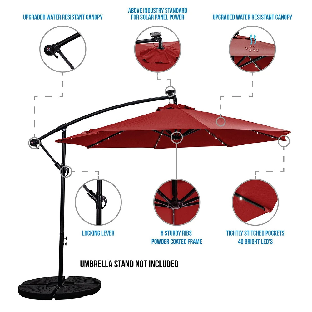 Sun-Ray 10' Offset Solar Lighted Umbrella with Cross Base - Scarlet