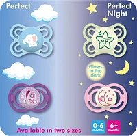 Suces MAM Perfect, suces orthodontiques (emballage de deux), suces MAM 6 mois et plus, meilleure suce pour les bébés allaités, suce pour bébé fille