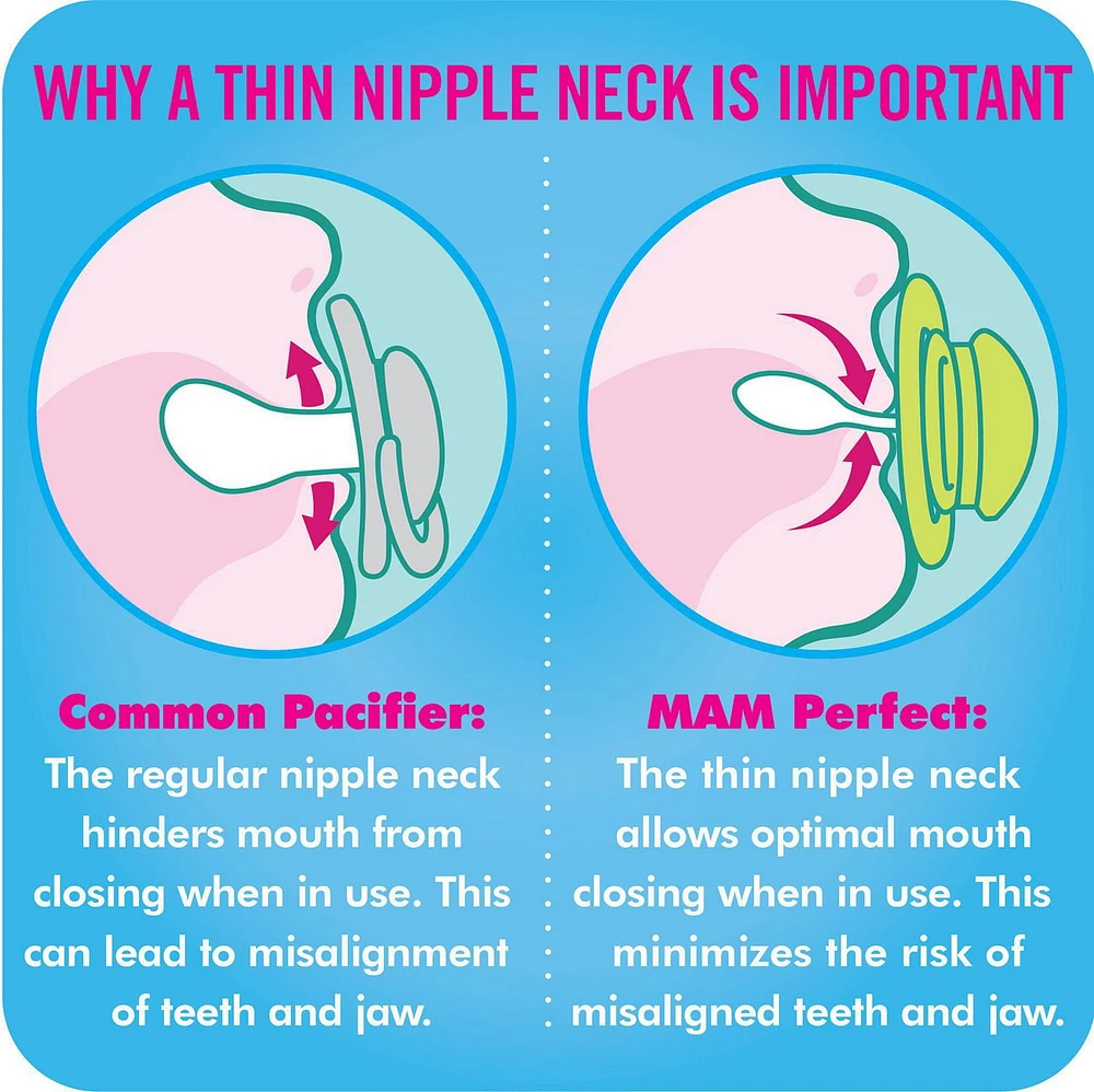 Suces MAM Perfect, suces orthodontiques (emballage de deux), suces MAM 6 mois et plus, meilleure suce pour les bébés allaités, suce pour bébé fille
