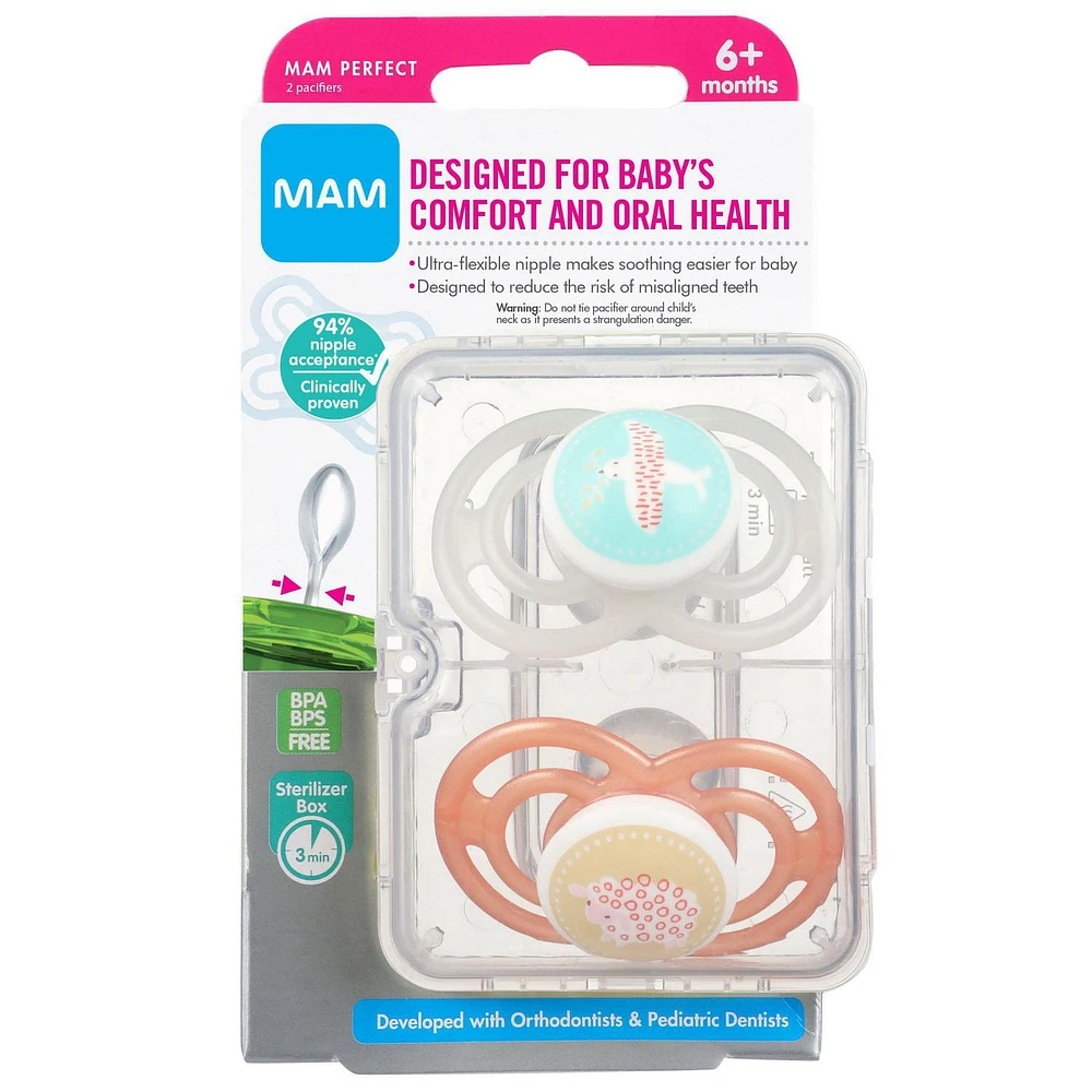 Suces MAM Perfect, suces orthodontiques (emballage de deux), suces MAM 6 mois et plus, meilleure suce pour les bébés allaités, suce pour bébé fille