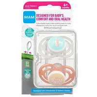 Suces MAM Perfect, suces orthodontiques (emballage de deux), suces MAM 6 mois et plus, meilleure suce pour les bébés allaités, suce pour bébé fille