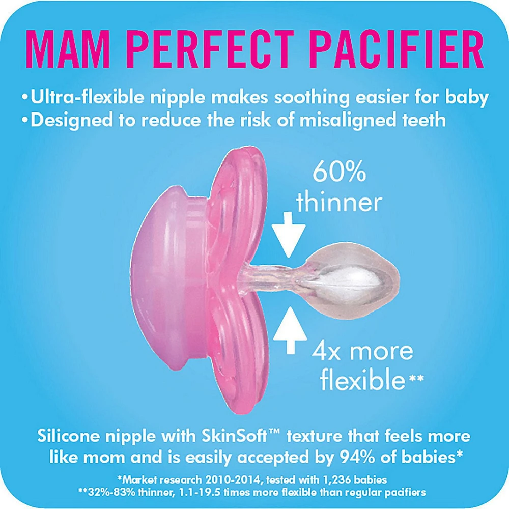 Suces MAM Perfect, suces orthodontiques (emballage de deux), suces MAM 6 mois et plus, meilleure suce pour les bébés allaités, suce pour bébé fille