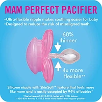 Suces MAM Perfect, suces orthodontiques (emballage de deux), suces MAM 6 mois et plus, meilleure suce pour les bébés allaités, suce pour bébé fille
