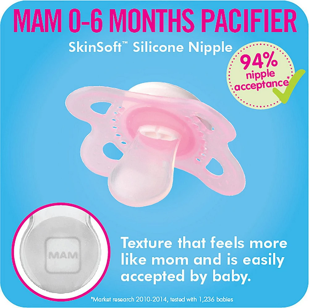 MAM Clear Collection Pacifiers (2 pack, 1 Sterilizing Pacifier Case), MAM Pacifier 0-6 Months, Baby Boy Pacifier, Best Pacifier for Breastfed Babies