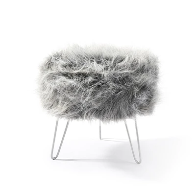 Faux Fur Stool, Grey Faux Fur Stool w/Metal Legs