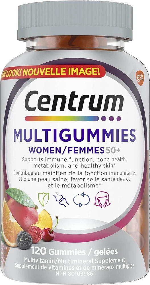 Centrum MultiGummies Femmes 50+, un supplément gélifié complet de vitamines et de minéraux, saveurs de fruits tropicaux , baies mélangées et orange, en format de 120 gelées 120 gelées