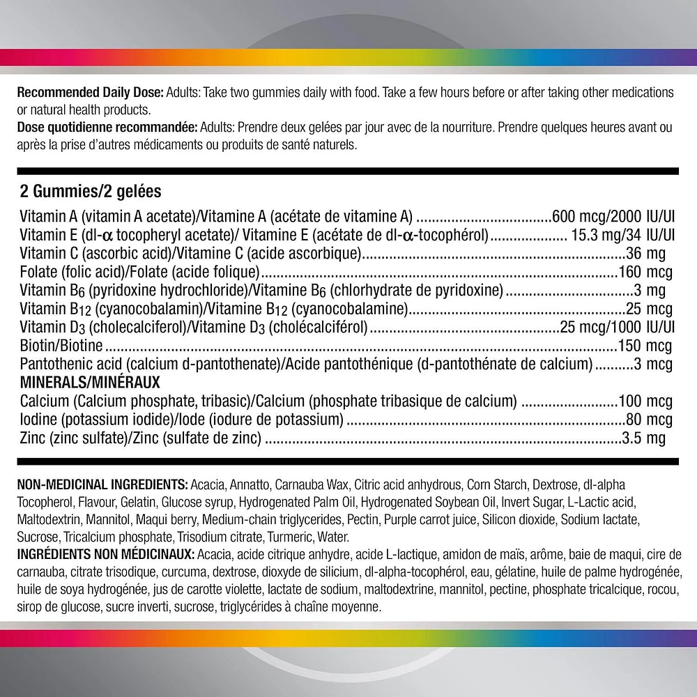 Centrum MultiGummies Femmes 50+, un supplément gélifié complet de vitamines et de minéraux, saveurs de fruits tropicaux , baies mélangées et orange, en format de 120 gelées 120 gelées