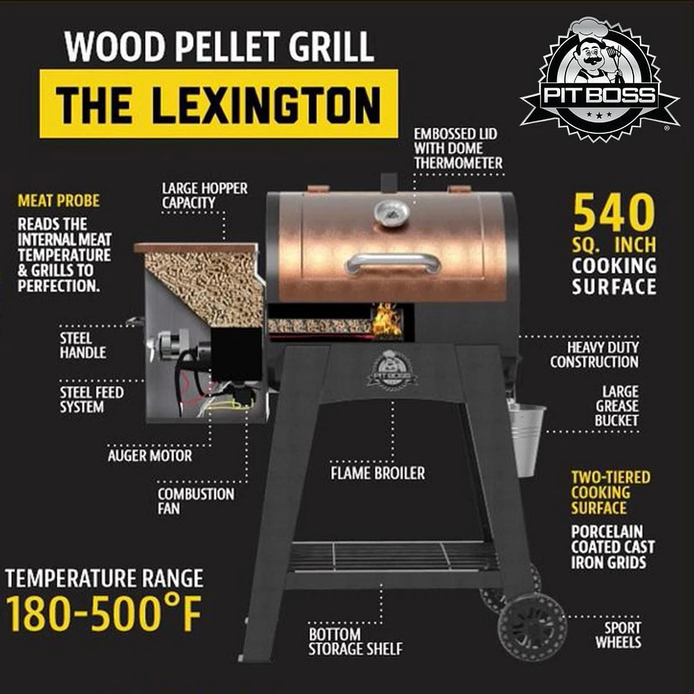 Pit Boss Lexington 540 Sq. In. Pellet Grill with Flame Broiler and Meat Probe, 540 sq in cooking surface