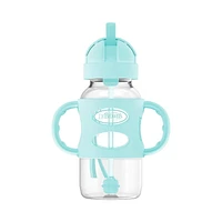 Dr. Brown's Milestones Wide-Neck Sippy Straw Bottle with 100% Silicone Handles and Weighted Straw, 9 oz/270 mL, Grey & Green, 6m+