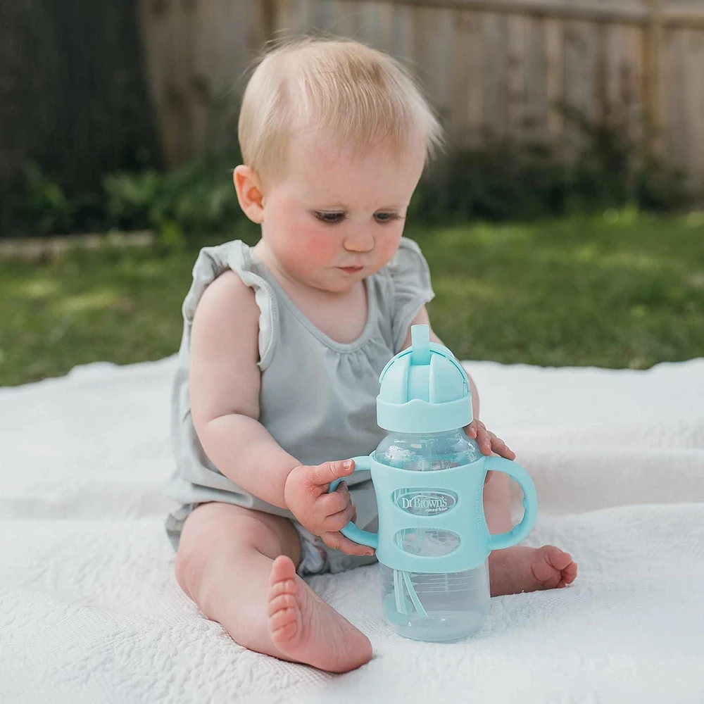 Dr. Brown's Milestones Wide-Neck Sippy Straw Bottle with 100% Silicone Handles and Weighted Straw, 9 oz/270 mL, Grey & Green, 6m+