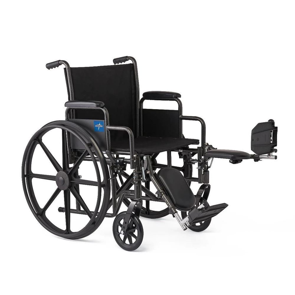 Medline 16" Wide K1 Basic Nylon Wheelchair with Swing-Back Desk-Length Arms and Elevating Leg Rests.