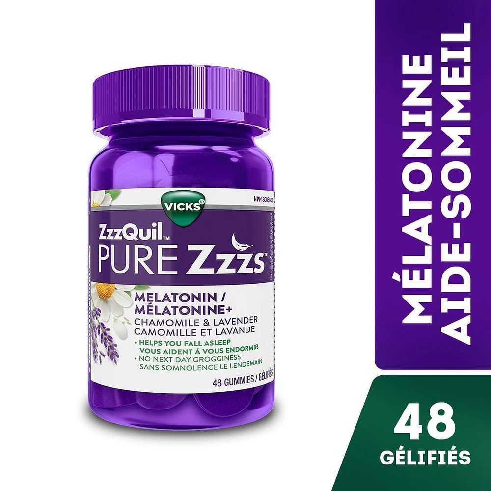 Vicks ZzzQuil PURE Zzzs Melatonin Sleep Aid Gummies with Chamomile, Lavender, & Valerian Root, 1mg per gummy, 48 Count