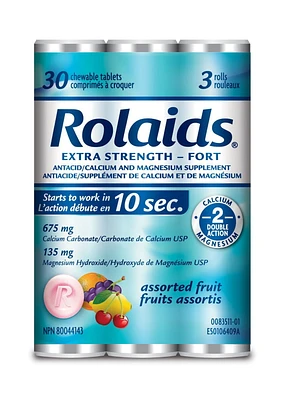 Rolaids Extra Strength Antacid, Fruit Flavour, 3x10 Count, Fast & Effective Relief of Heartburn, 3x10 Tablets