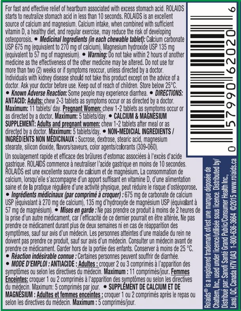 Rolaids Extra Strength Antacid, Fruit Flavour, 3x10 Count, Fast & Effective Relief of Heartburn, 3x10 Tablets