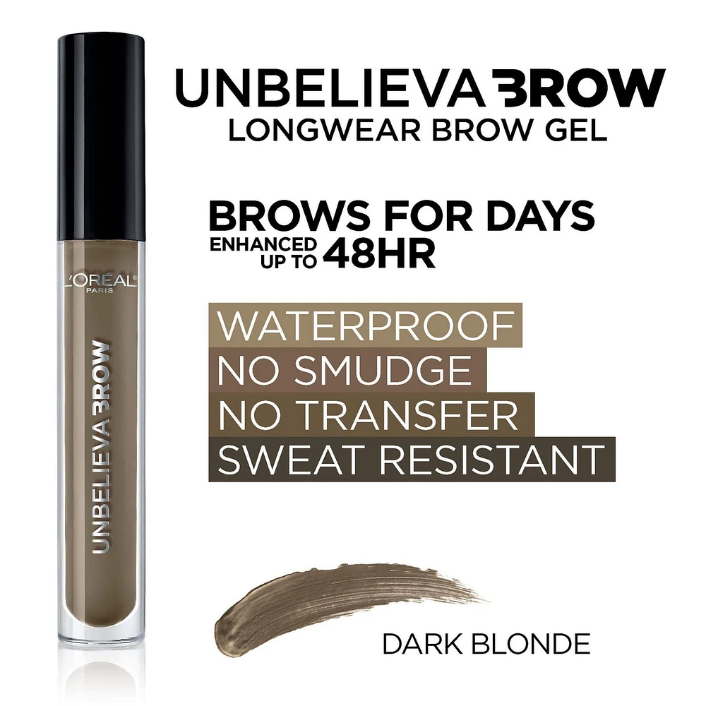 L'Oreal Paris Unbelieva-Brow, Eyebrow Gel, Waterproof Tinted Brow Gel that Stays for Up to 48 Hours, No Smudge, No Transfer, Sweat Resistant, Dark Blonde, 0.15 fl. oz., Tinted Eyebrow Gel