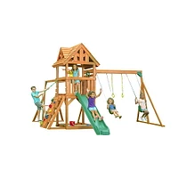 Creative Cedar Designs Mountain View Lodge Wooden Playset with Rock Wall, Slide and Swings (Multi-Colour & Green)