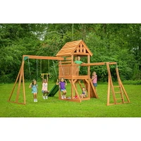 Creative Cedar Designs Mountain View Lodge Wooden Playset with Rock Wall, Slide and Swings (Multi-Colour & Green)