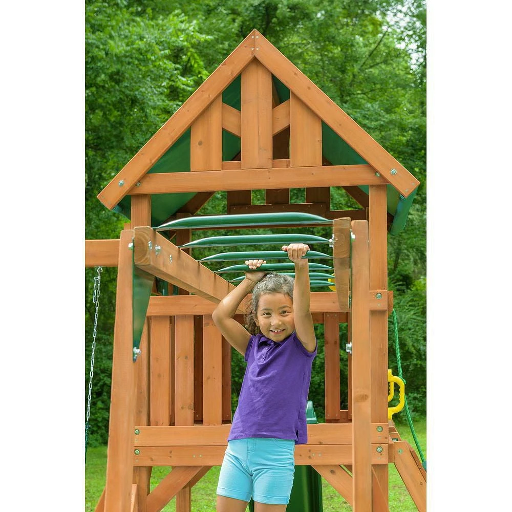 Creative Cedar Designs Mountain View Lodge Wooden Playset with Rock Wall, Slide and Swings (Multi-Colour & Green)