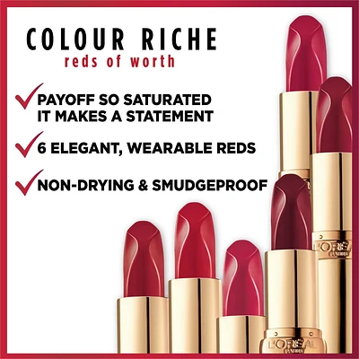 Rouge à lèvres Colour Riche Reds of Worth L’Oréal Paris, rouge à lèvres rouge, rouge à lèvres longue tenue avec formule qui résiste aux bavures imprégnée d’huile d’argan et de vitamine E, fini satiné, Prosperous Red, 3,7 g (0,13 oz) Rouge à lèvres satiné