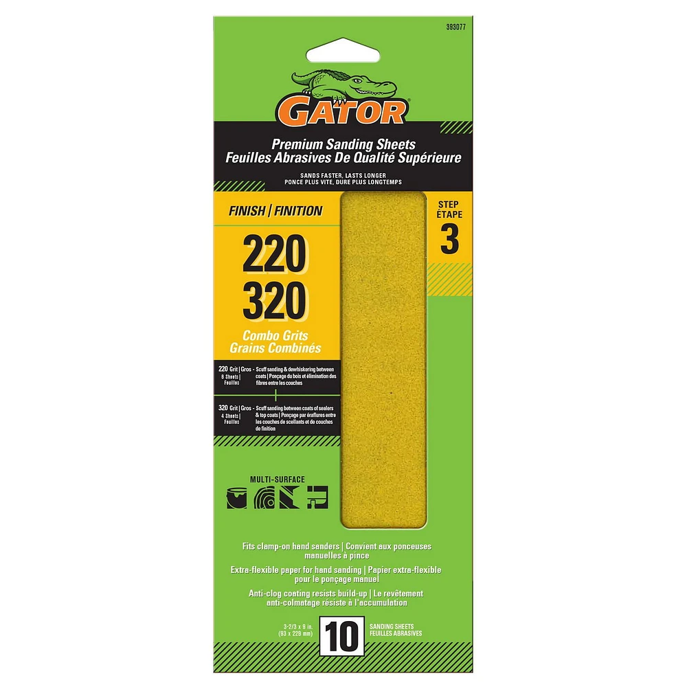 Gator Premium Sanding Sheet, 220/320Grit (10 sheets)