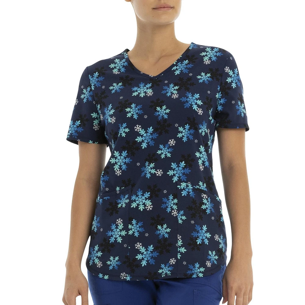 Scrubstar Women's "Ombre Snowflakes" V-Neck Print Top