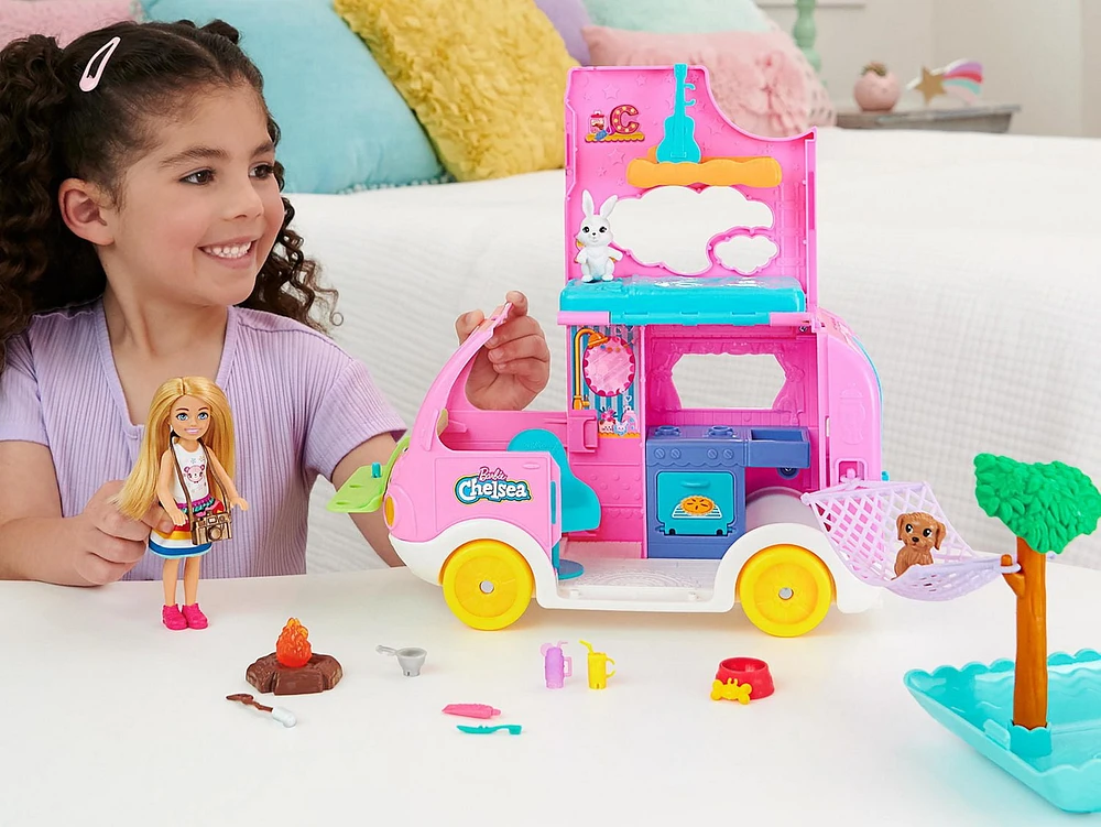 Barbie Chelsea 2-in-1 Camper Playset with Chelsea™ Small Doll, 2 Pets & 15 Accessories, Ages 3+