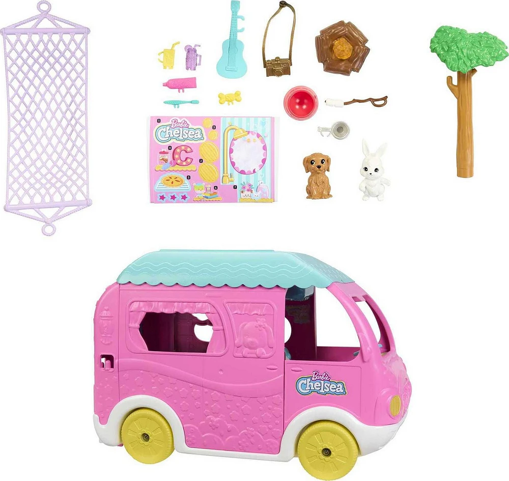 Barbie Chelsea 2-in-1 Camper Playset with Chelsea™ Small Doll, 2 Pets & 15 Accessories, Ages 3+