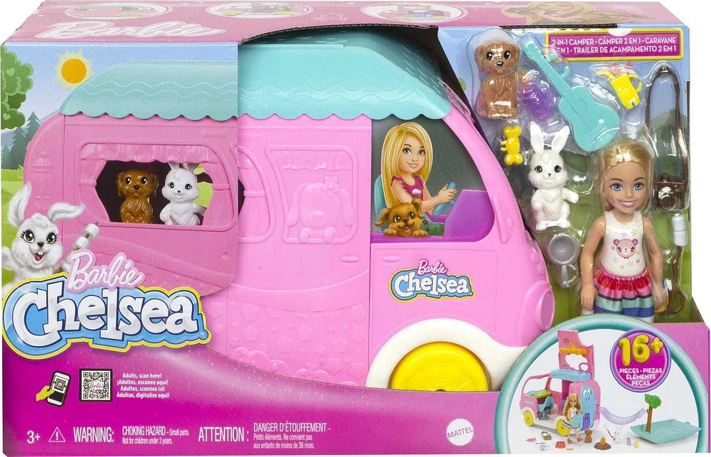 Barbie Chelsea 2-in-1 Camper Playset with Chelsea™ Small Doll, 2 Pets & 15 Accessories, Ages 3+