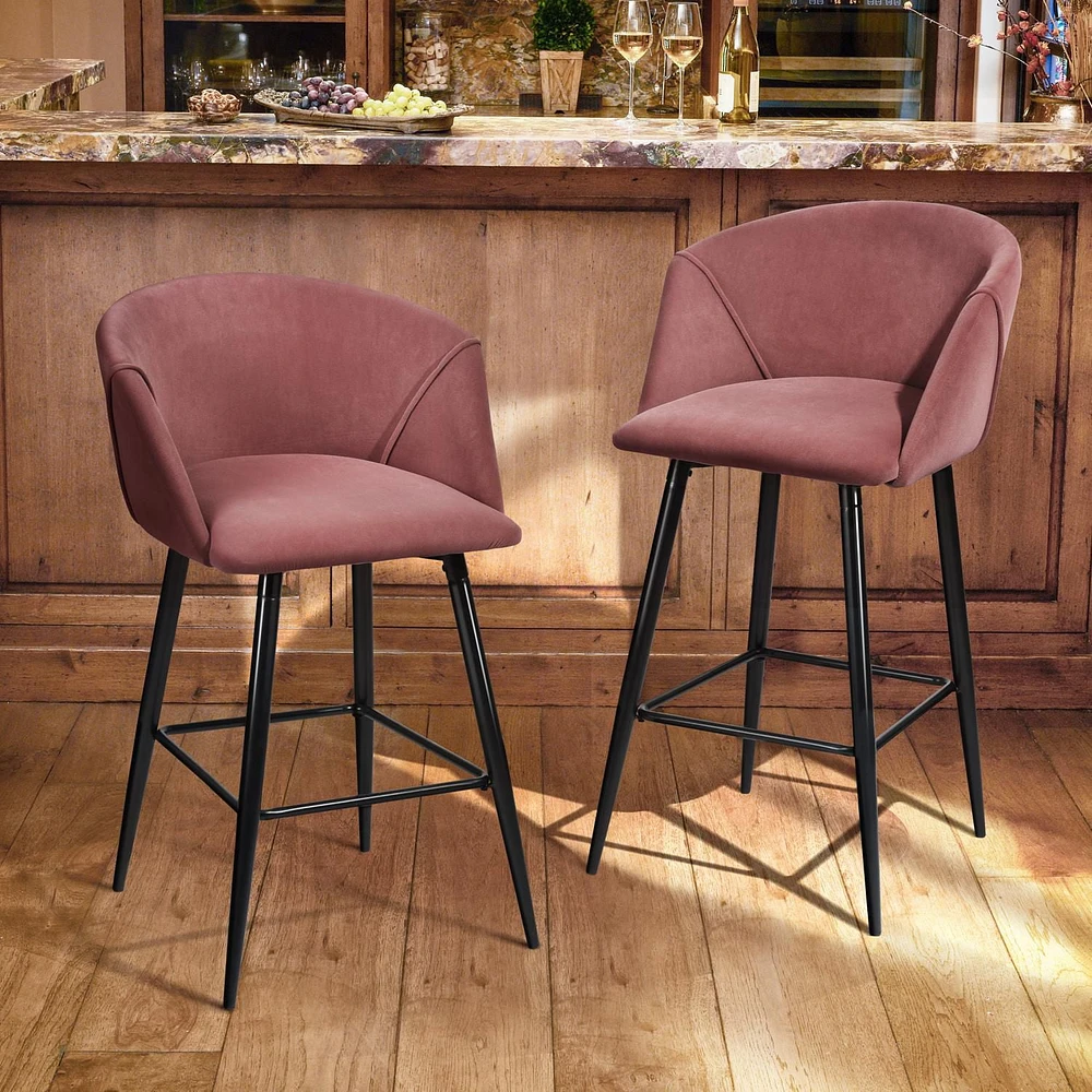 Accent Upholstered Bar Stools Set of 2 with Metal Legs and Footrest , Mid Century Modern 28" Counter Stools with Low Back for Kitchen Island Home Pub-Silver, Pink