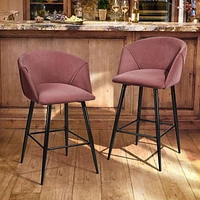 Accent Upholstered Bar Stools Set of 2 with Metal Legs and Footrest , Mid Century Modern 28" Counter Stools with Low Back for Kitchen Island Home Pub-Silver, Pink