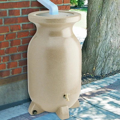 KoolScapes 75-Gallon Sandstone Rain Barrel with Brass Tap, Water Collector for Garden, Beige