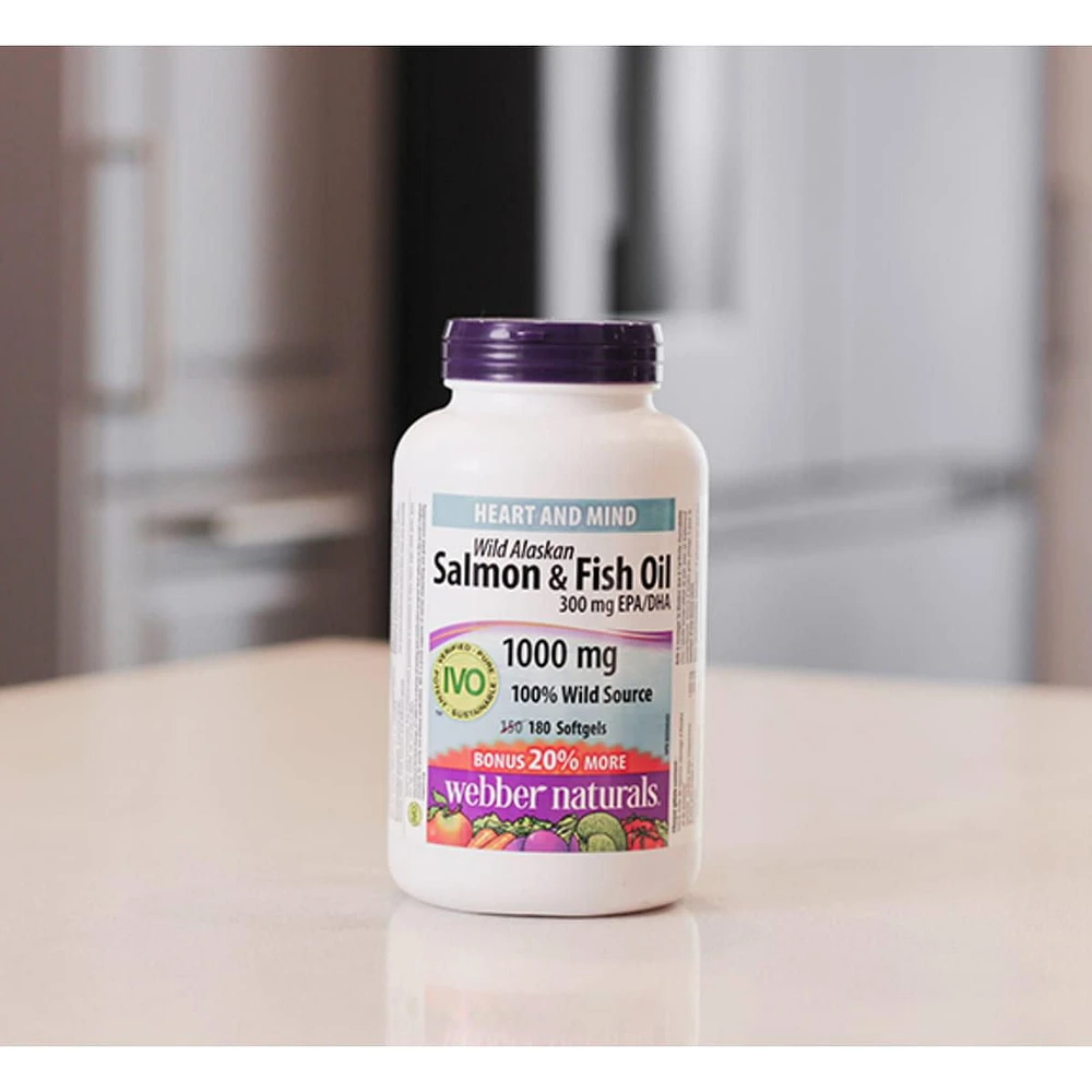 Webber Naturals Huile de poissons et de saumon sauvage d’Alaska, 1 000 mg 150 + 30 gélules, PRIMES !