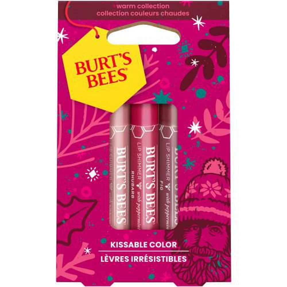 Burt's Bees® Kissable Colour Holiday Gift Set, Warm Collection, 3 Lip Shimmers in Peony, Rhubarb and Fig