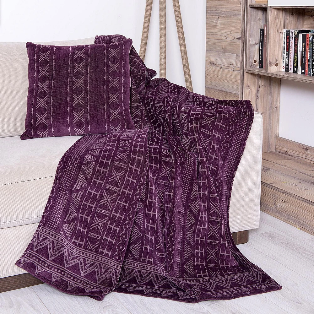 Caricia Home Plush Woven Jacquard Aztec Stripe Geometric Blanket Throw, 50" x 60", Purple Plum / Blush Pink