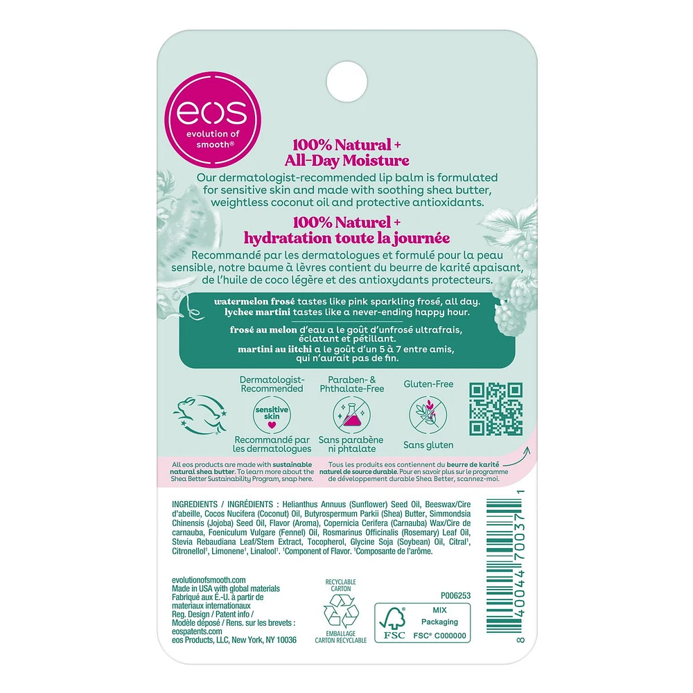 Baumes labiaux eos 100 % naturels en bâton – paquet de 2 bâtons de 4 g eos frosé au melon d’eau et martini au litchi, hydratation tout au long de la journée Paquet de 2
