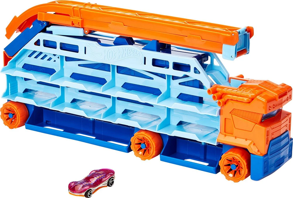 Hot Wheels City Speed Drop Transport Hauler with 1 Toy Car, Stores 20+ 1:64 Scale Vehicles