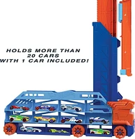 Hot Wheels City Speed Drop Transport Hauler with 1 Toy Car, Stores 20+ 1:64 Scale Vehicles