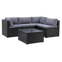 CorLiving Parksville 5-Piece Resin Wicker Rattan and Galvanized Steel Patio Sectional Set with Cushions and Coffee Table, Expandable Outdoor Seating