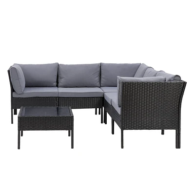 CorLiving Parksville 6-Piece Resin Wicker and Steel Patio Sectional Set with Square Glass Topped Coffee Table and Cushions