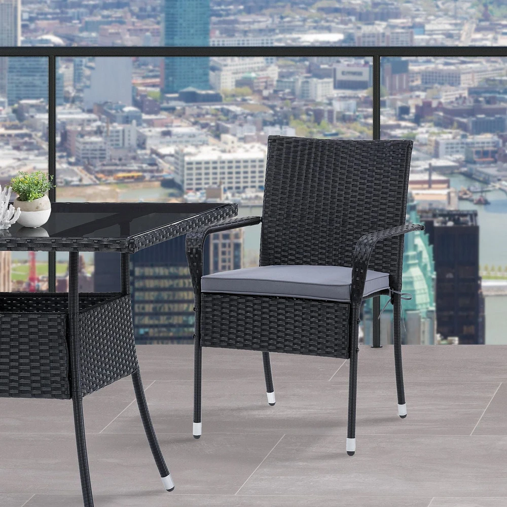 CorLiving Parksville 2-Piece Resin Wicker Patio Armchair Set Stackable - Black Finish/Ash Grey Cushions